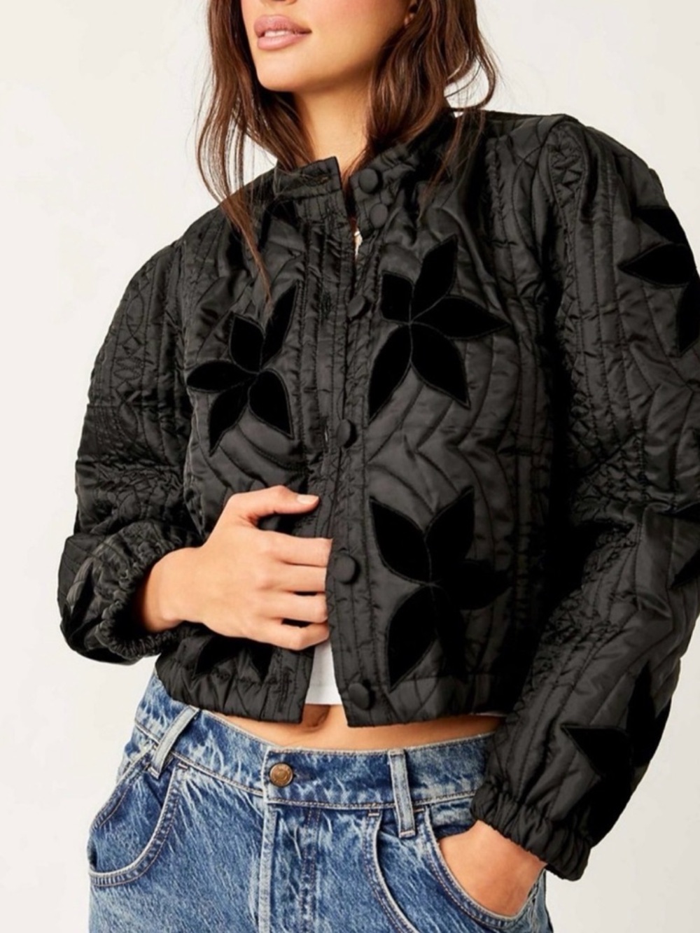 Free People Black Quilted Cropped Bomber Jacket with Velvet Appliqué